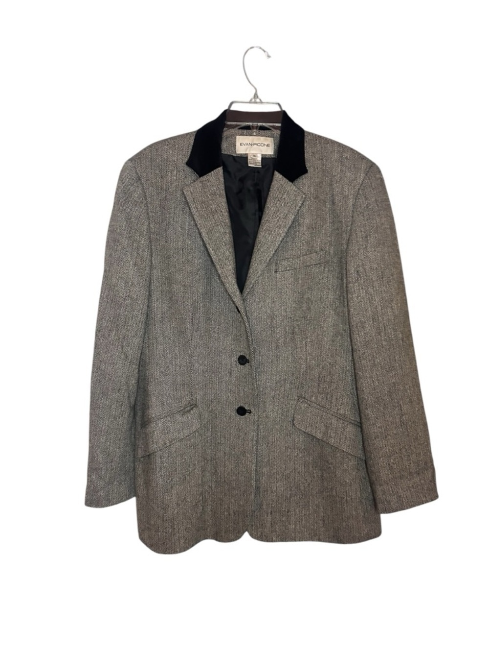 Evan Picone Herringbone Blazer Size 14 Black Collar Career Jacket Vintage